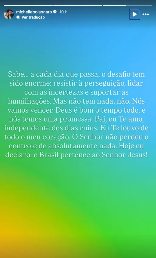 Manifestação de Michelle Bolsonaro em sua rede social. Imagem: Reprodução.