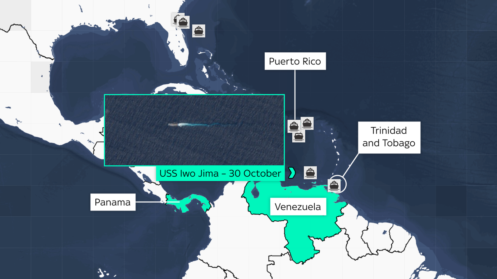 O mapa mostra  o USS Iwo Jima ao largo da costa venezuelana. Crédito:  EU Sentinel
