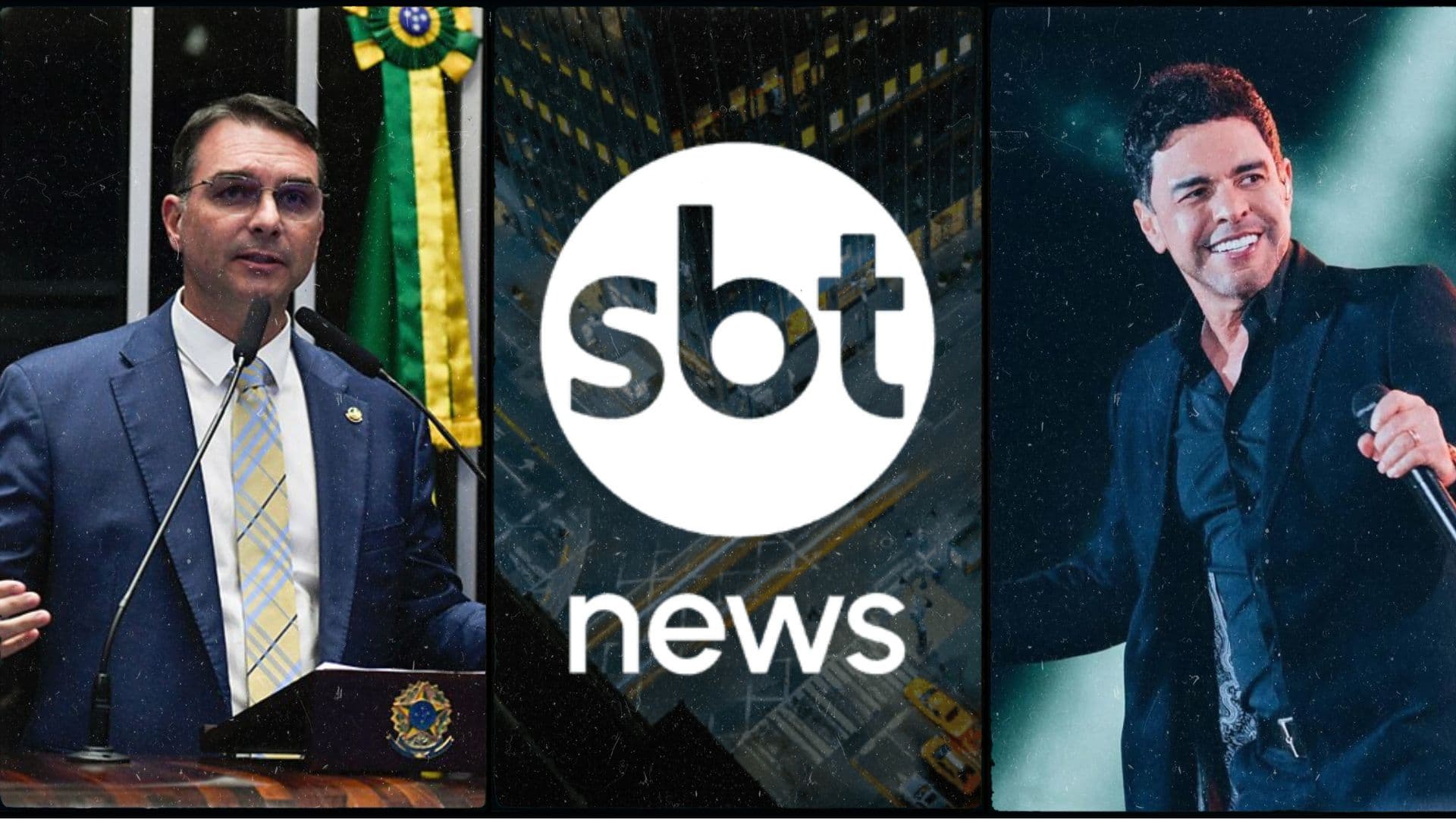 Da esquerda para a direita: Flávio Bolsonaro, SBT News e Zezé Di Carmago.