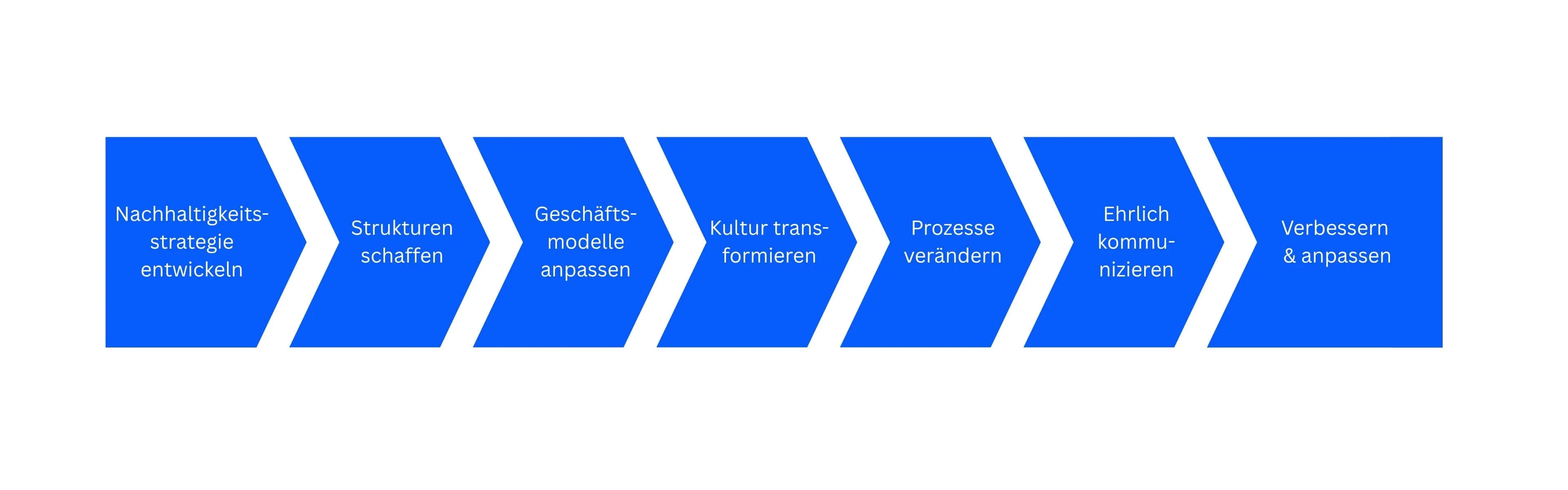 Die sieben Schritte zur nachhaltigen Transformation im Ablaufdiagramm: Nachhaltigkeitsstrategie entwickeln Strukturen schaffen Geschäftsmodelle anpassen Kultur transformieren Prozesse verändern  Ehrlich kommunizieren Verbessern und anpassen