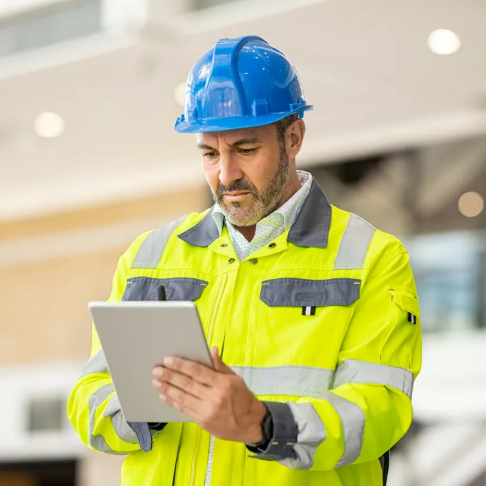 Arbeitsschutz-Konzeptbild mit verschiedenen persönlichen Schutzausrüstungen wie Schutzhelm, Sicherheitsbrille und Handschuhen zur Verdeutlichung von Sicherheit und Schutz am Arbeitsplatz.