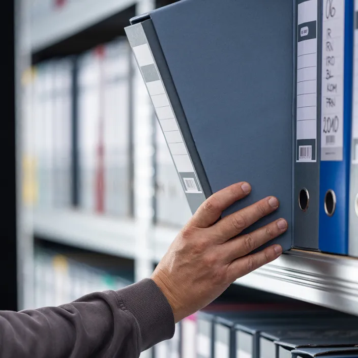 Eine Person greift nach einem Ordner in einem Aktenschrank