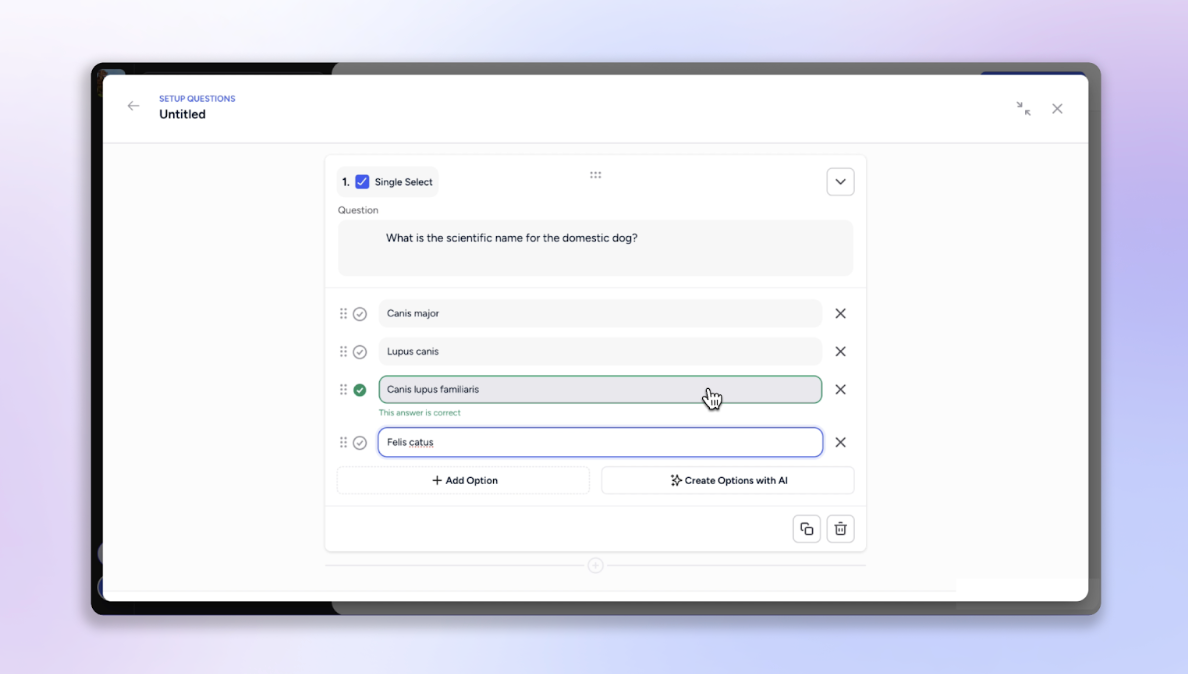 single select and multiple choice questions using an AI quiz generator