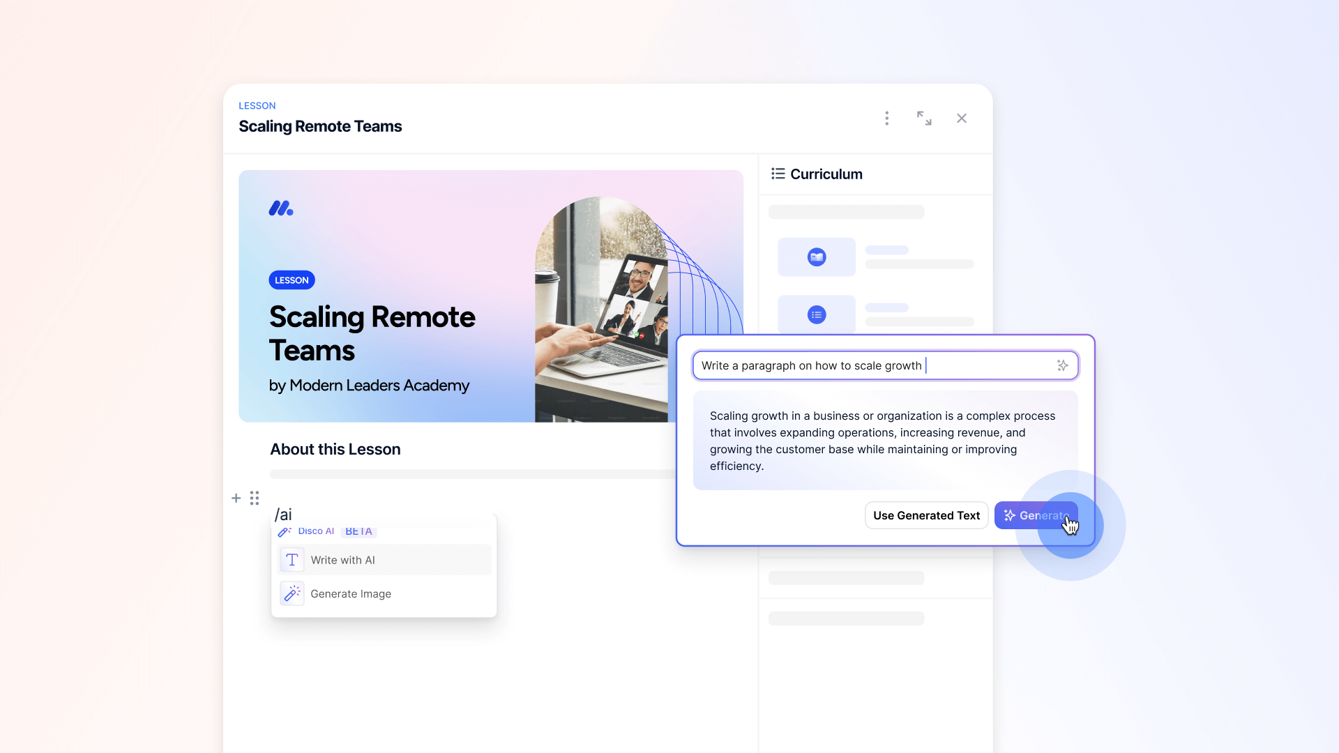 Disco's "Write with AI" feature