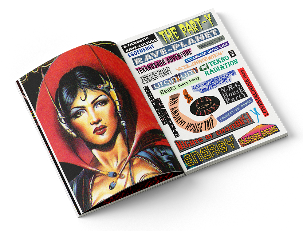 Swiss Rave Flyers Buch geöffnet, Innenseiten mit Schweizer Techno-Flyern der 90er