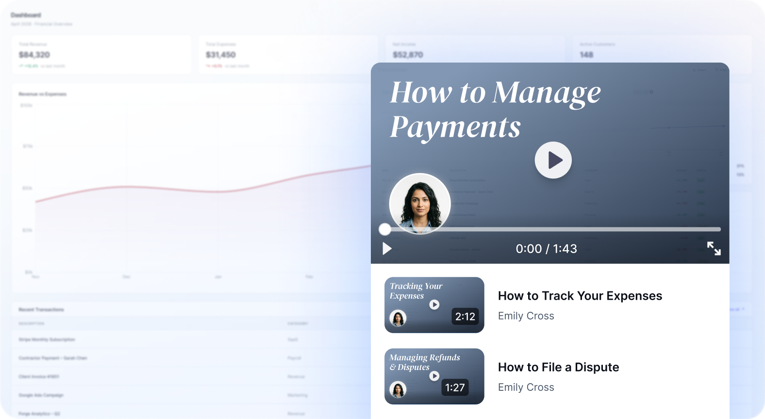 Broadcast dashboard with an instant How to Manage Payments video answer overlaid, plus related video suggestions