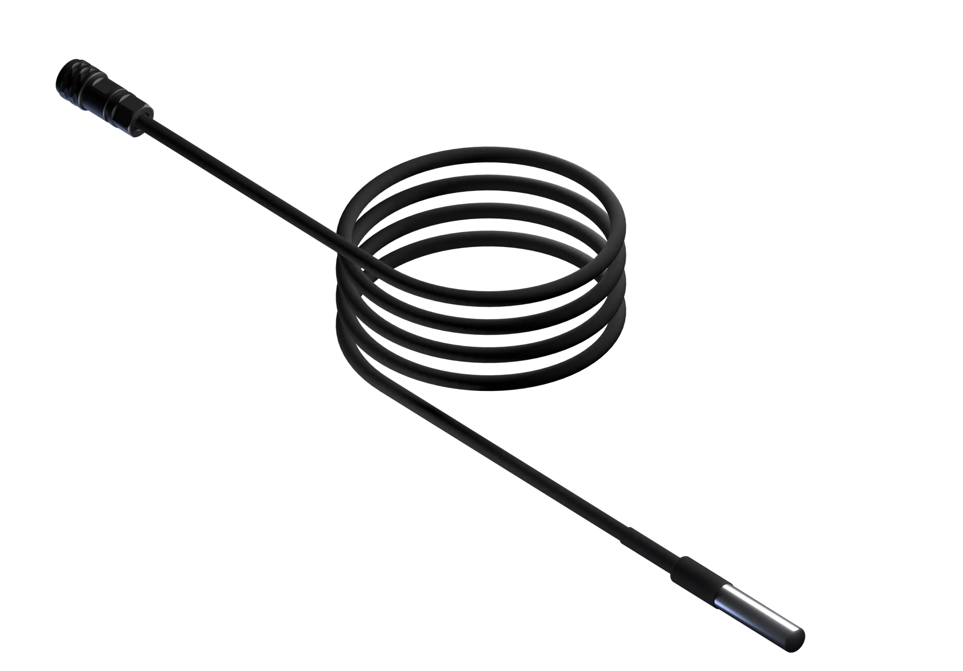 Black coiled temperature sensor probe with a cylindrical metal tip and a connector on the opposite end.