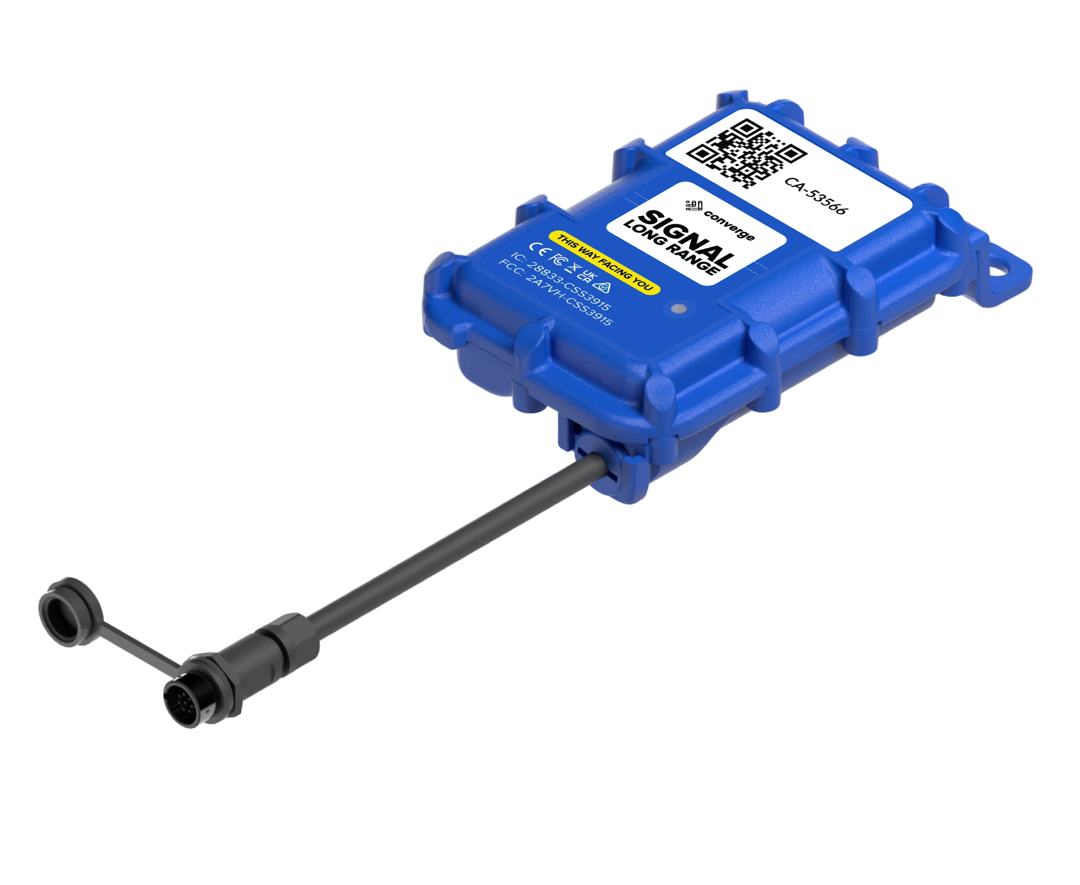 Blue rectangular long-range signal device with a black cable and circular connector attached.