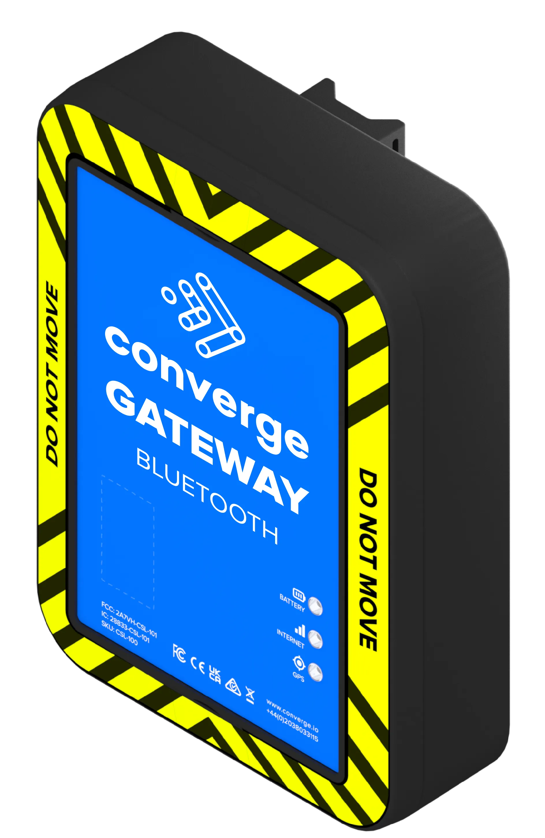 Black rectangular Bluetooth gateway device with blue front panel labeled 'Converge Gateway Bluetooth' and yellow caution stripes reading 'Do Not Move'.