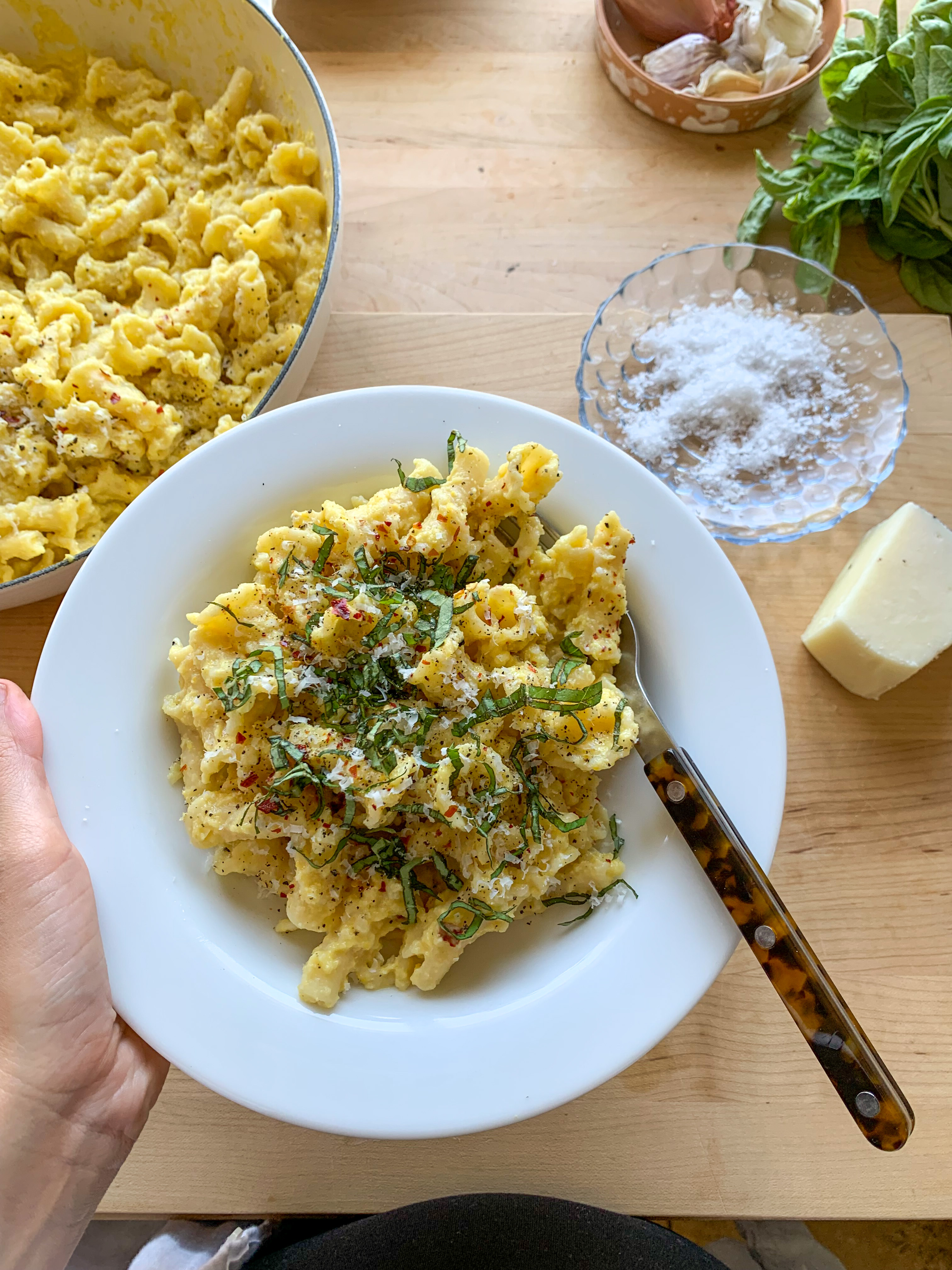 Creamy Summer Corn Pasta with Pecorino + Basil