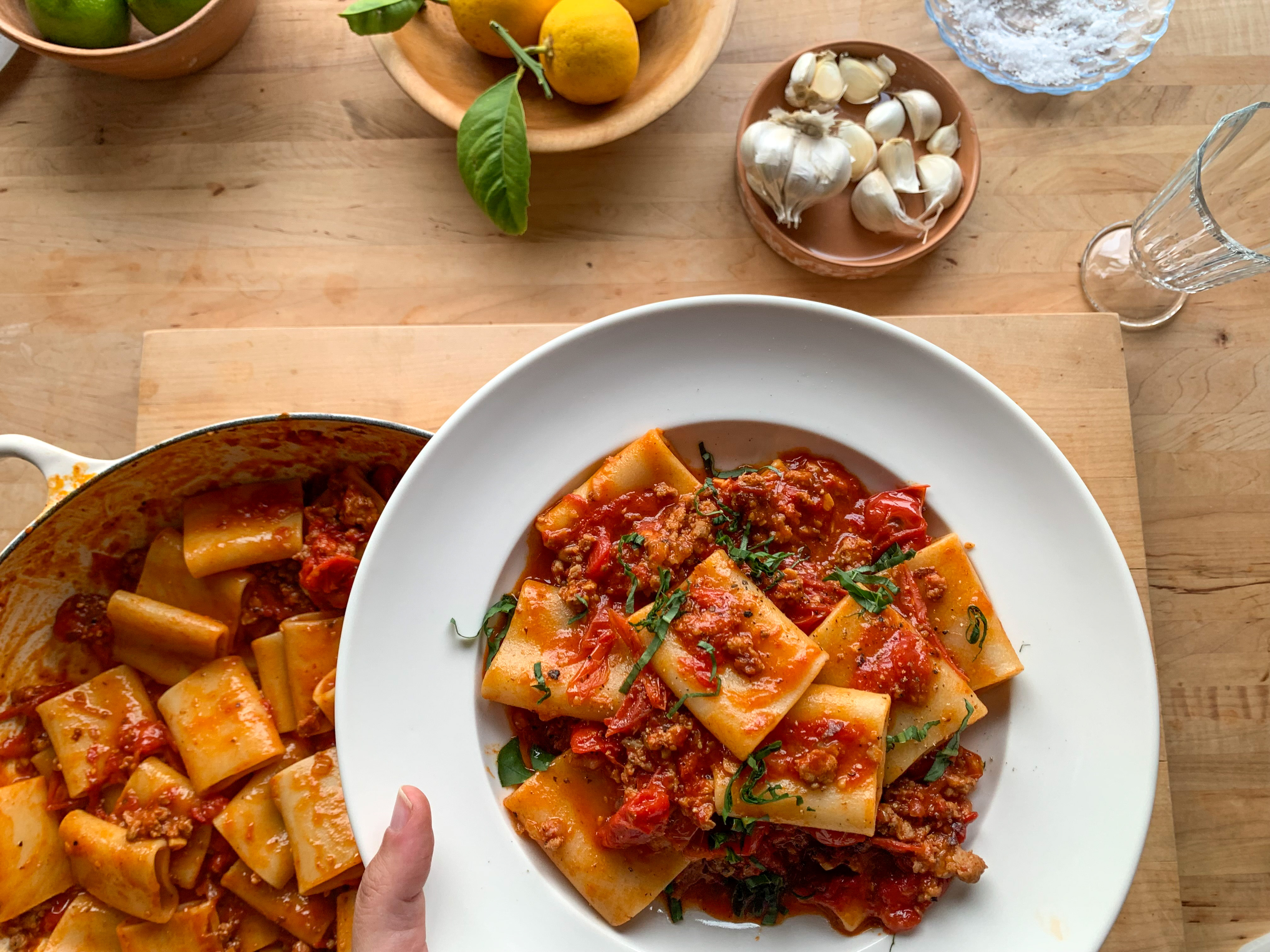 Summer Pasta with Sausage, Cherry Tomatoes, + Basil