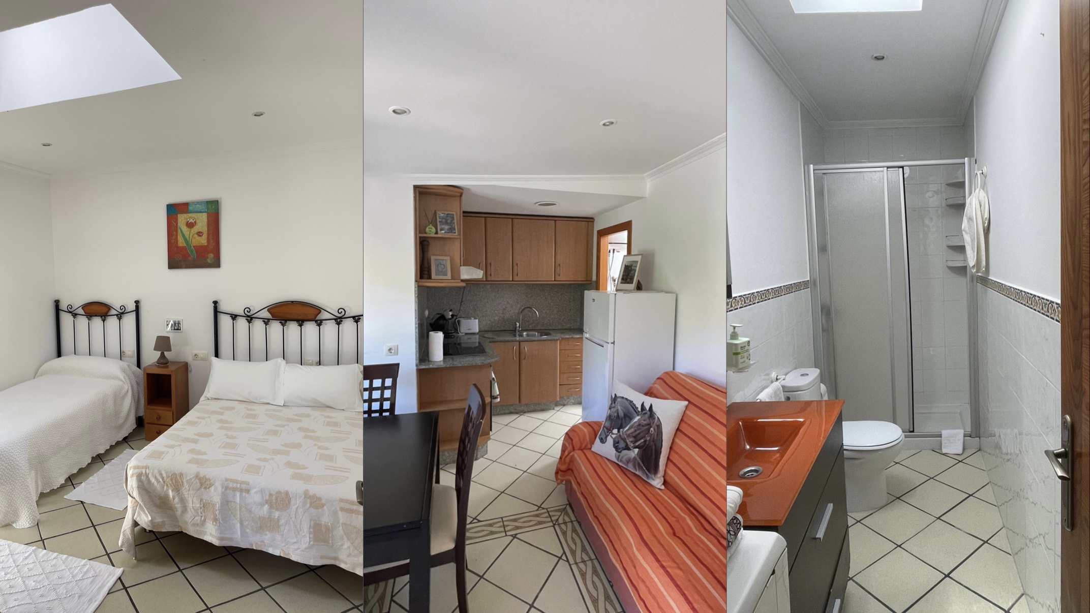Slideshow of bedroom, kitchen, living room and bathroom on horse riding holiday accommodation