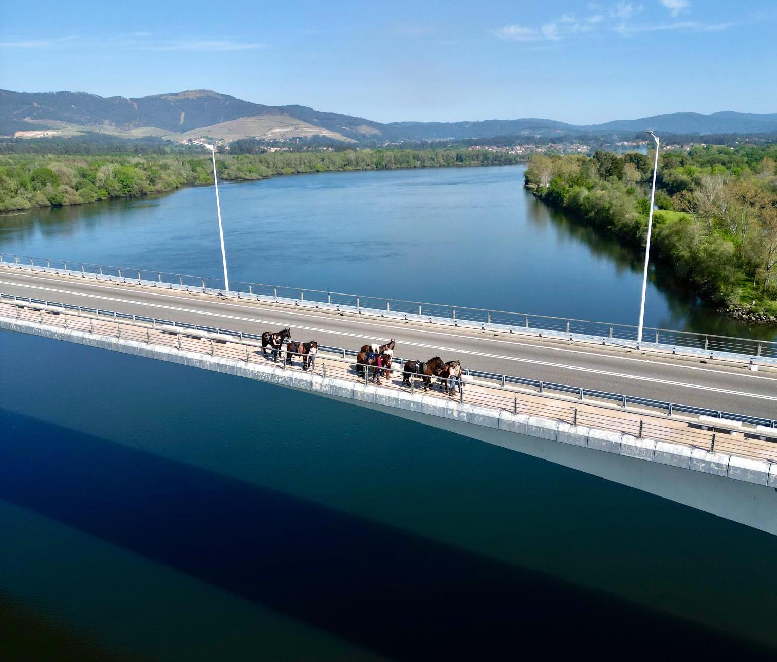 Horses and riders crossing a bridge over a wide river