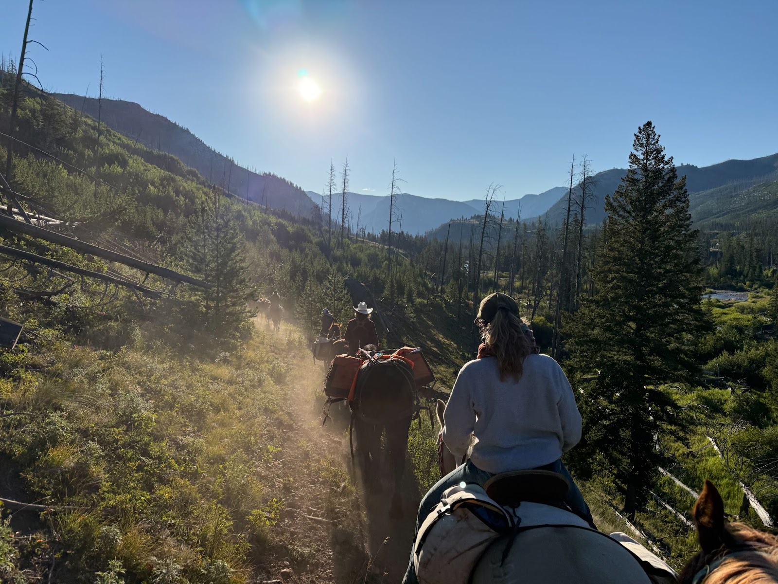 The sun sets while horses and riders walk along a trail in the mountains