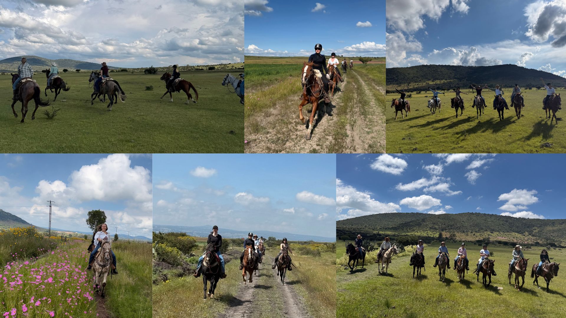 Collage of horseback riding trip in Mexico with everyone galloping on their horses
