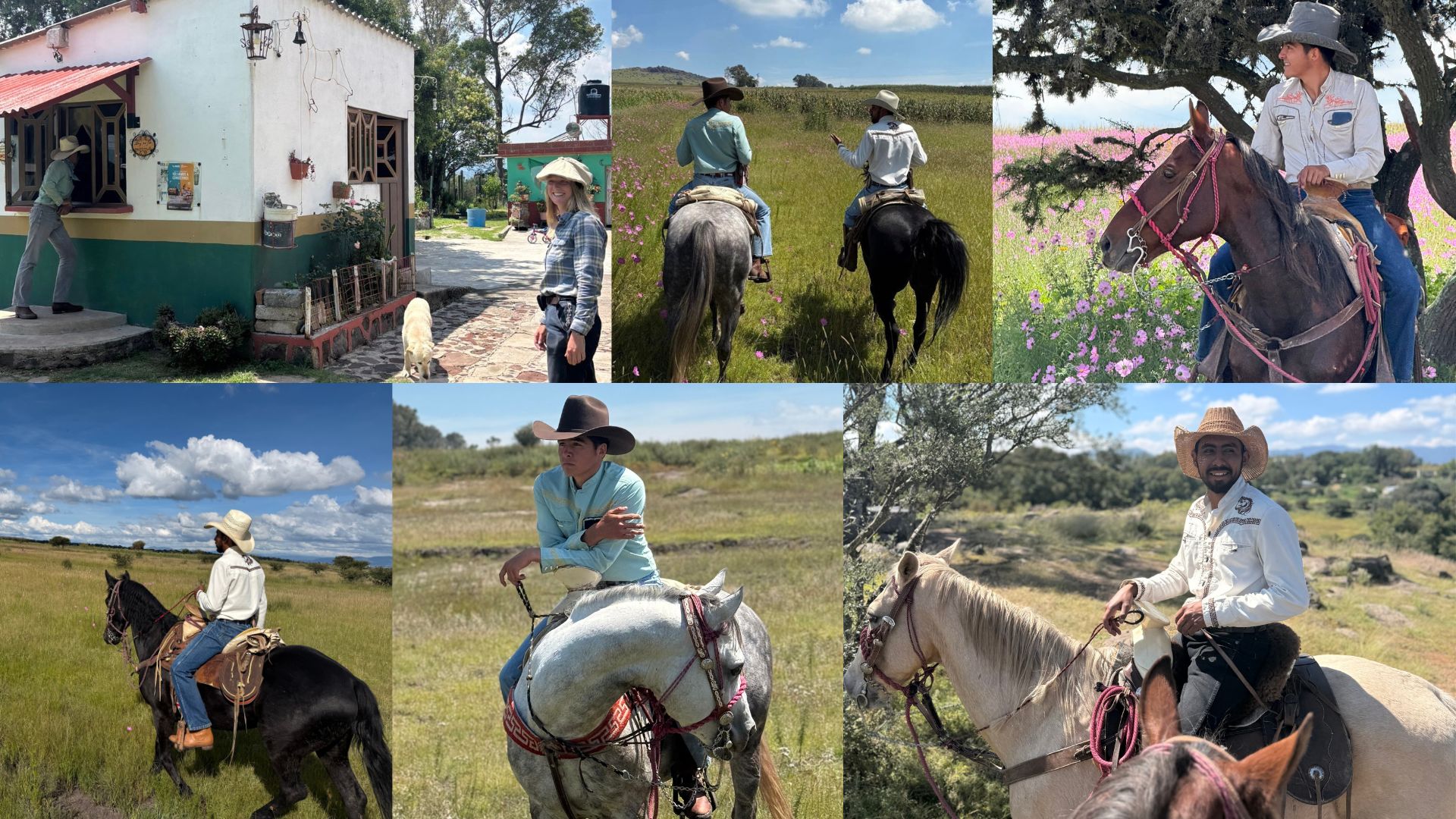 Collage of horseback riding trip in Mexico with two vaqueros guiding the trails