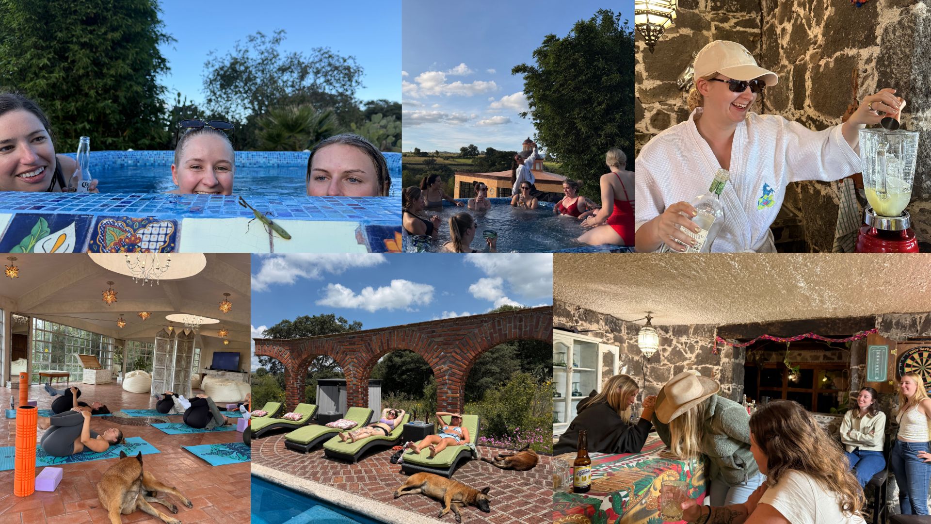 Collage of horseback riding trip in Mexico - making margaritas and relaxing in the hot tub and pool