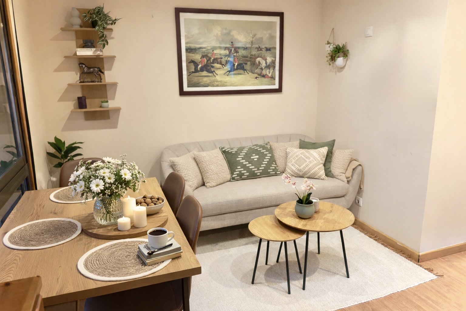 Appartment decorated with horse painting and statue, with beige and green blankets on a comfortable couch