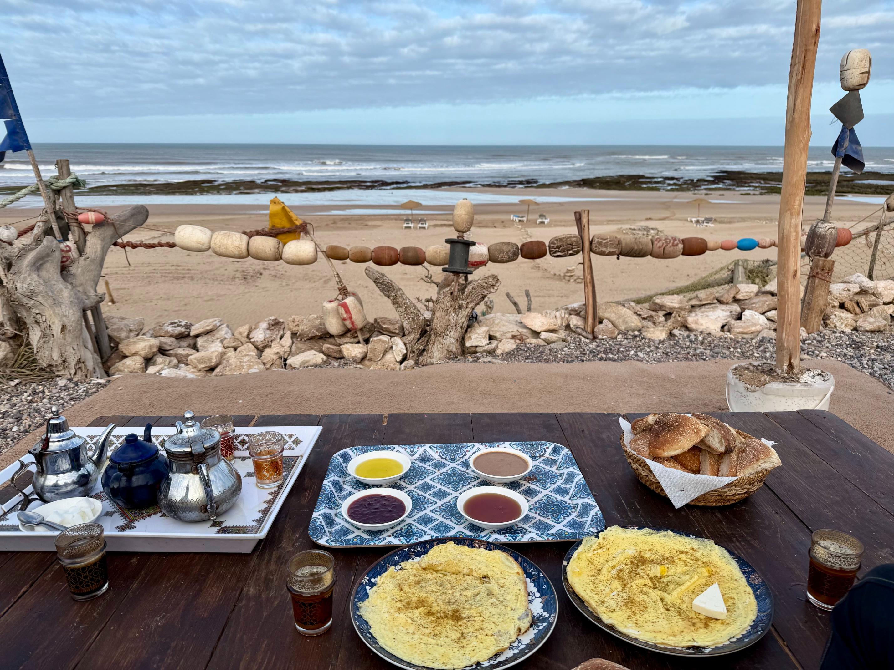 Breakfast on the beach on a cloudy day