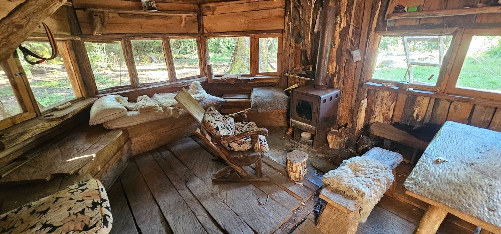 Interior of cabin made of wood in a forest