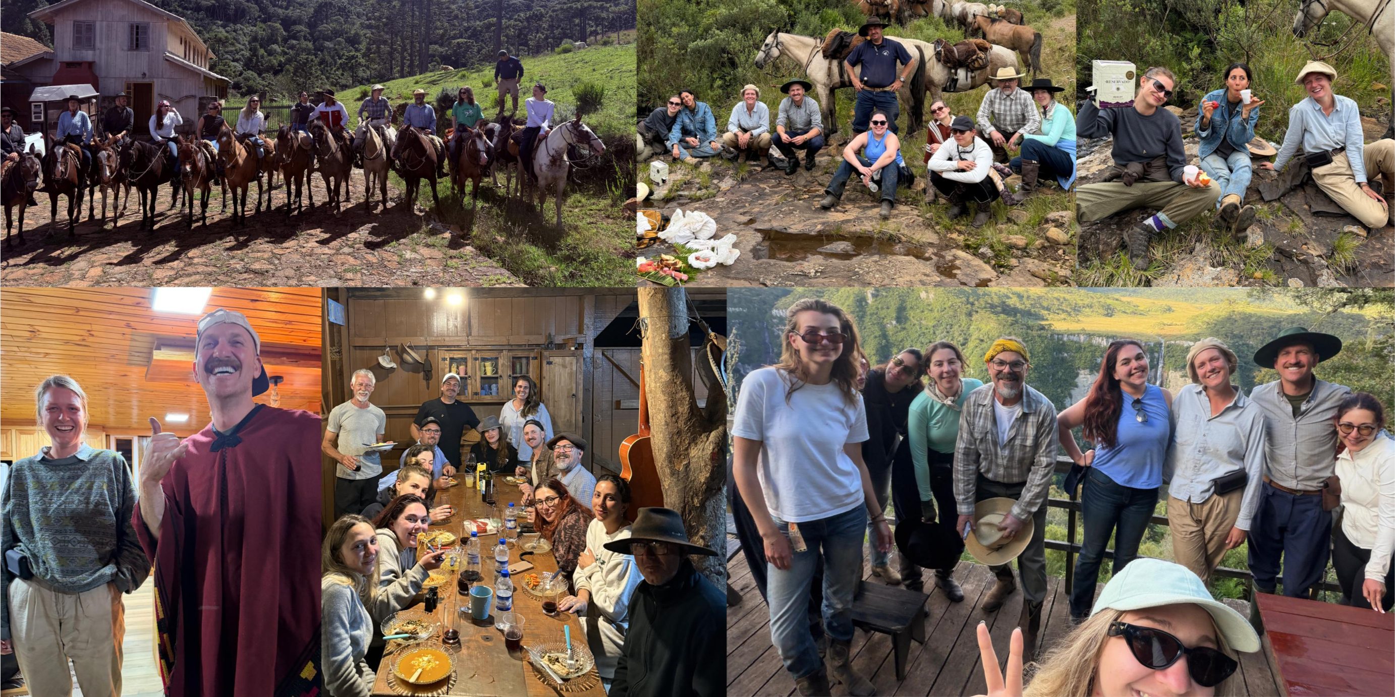 Collage of photos of a group of riders and horses on horse riding holiday