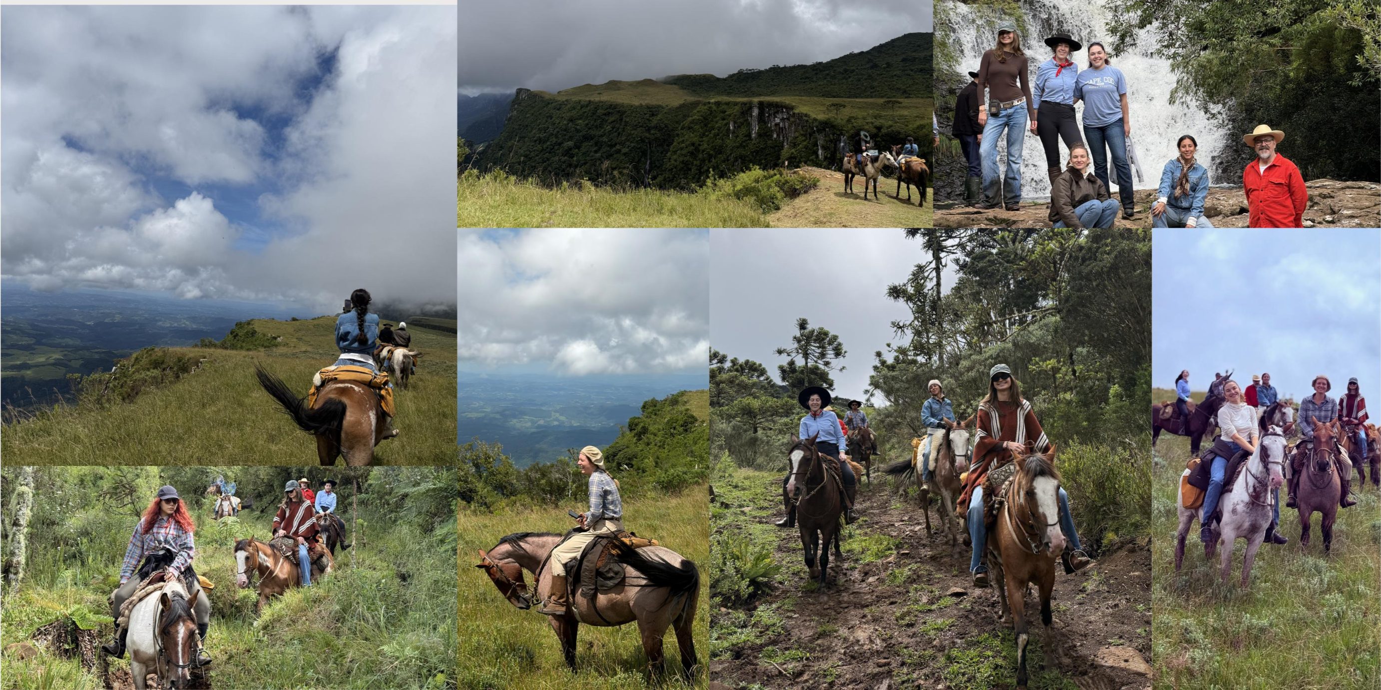 Collage of photos of a group of riders and horses on horse riding holiday
