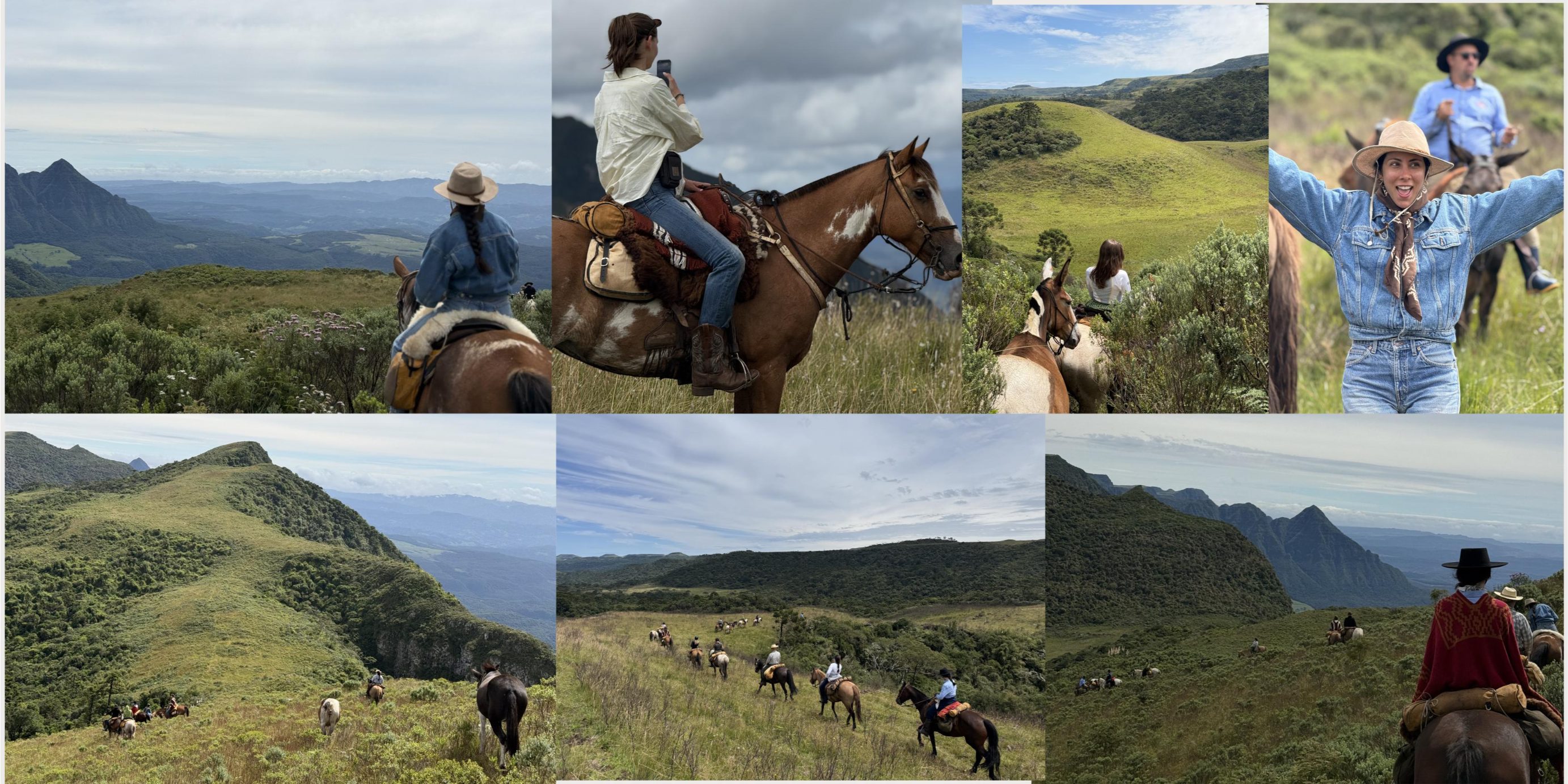 Collage of photos of a group of riders and horses on horse riding holiday