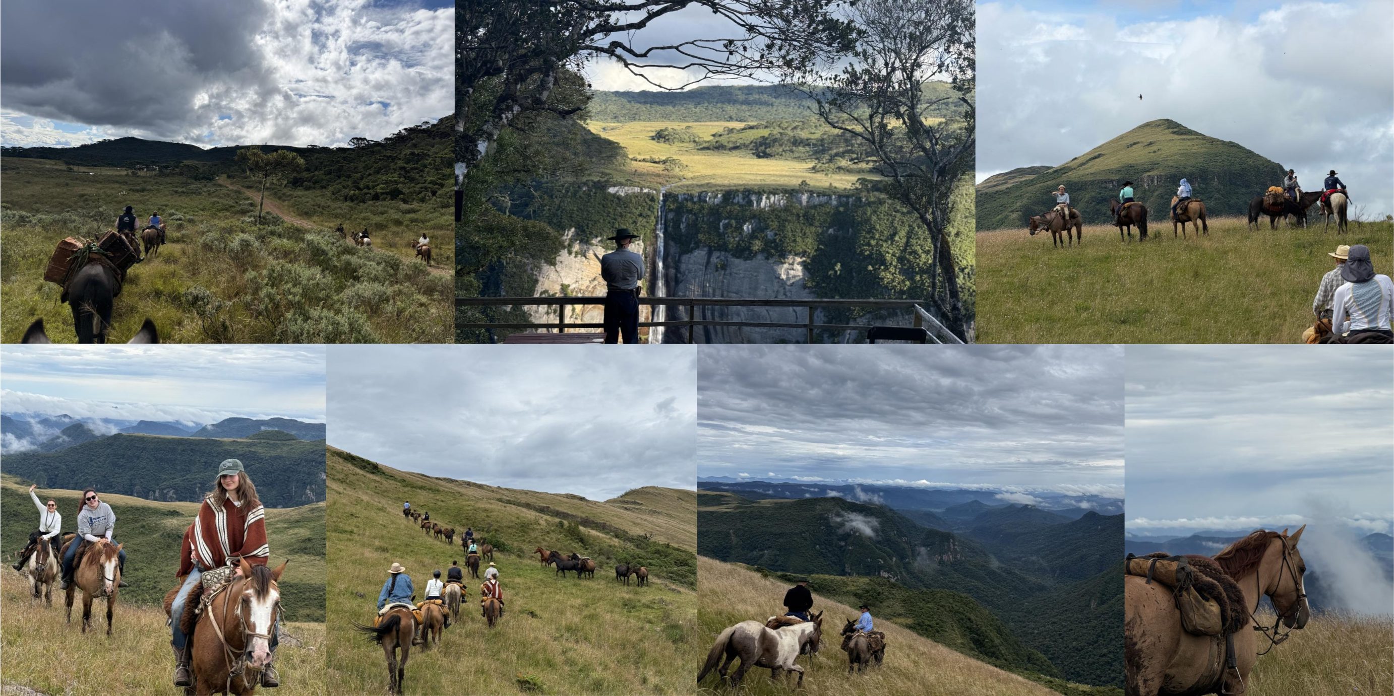 Collage of photos of a group of riders and horses on horse riding holiday