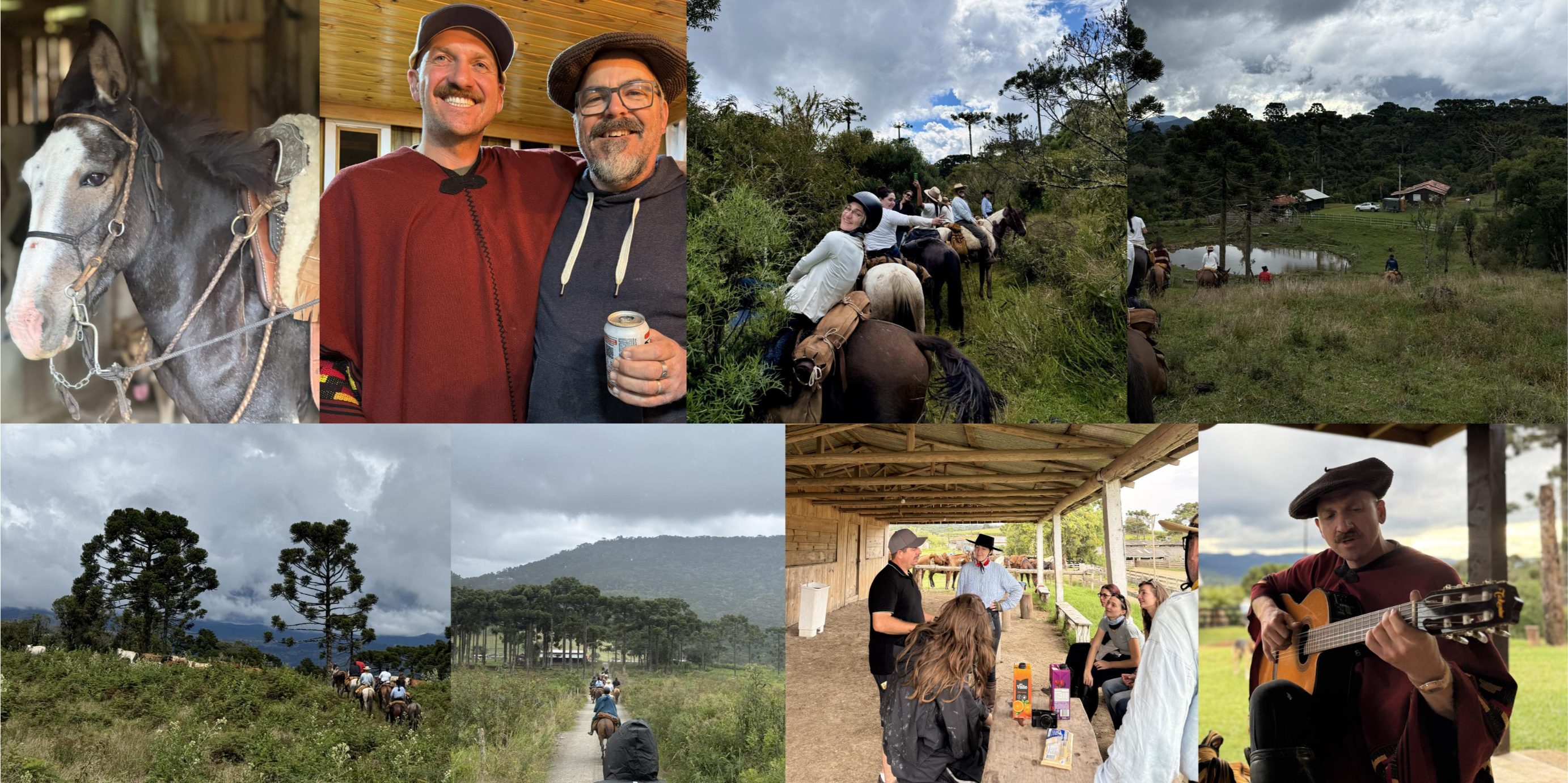 Collage of photos of a group of riders and horses on horse riding holiday