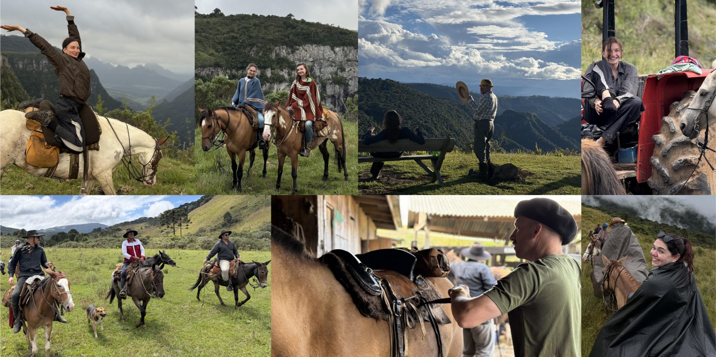 Collage of photos of a group of riders and horses on horse riding holiday