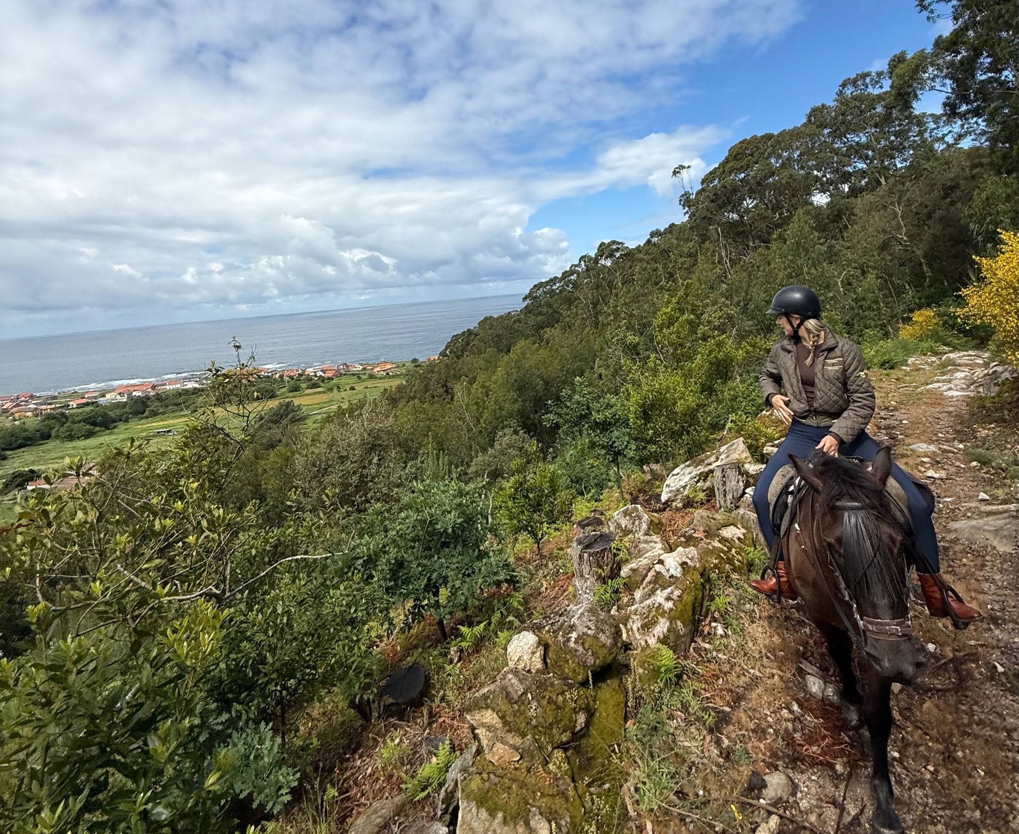 Rider on black horse walking along a mountain trail, looking at the ocean on a cloudy day