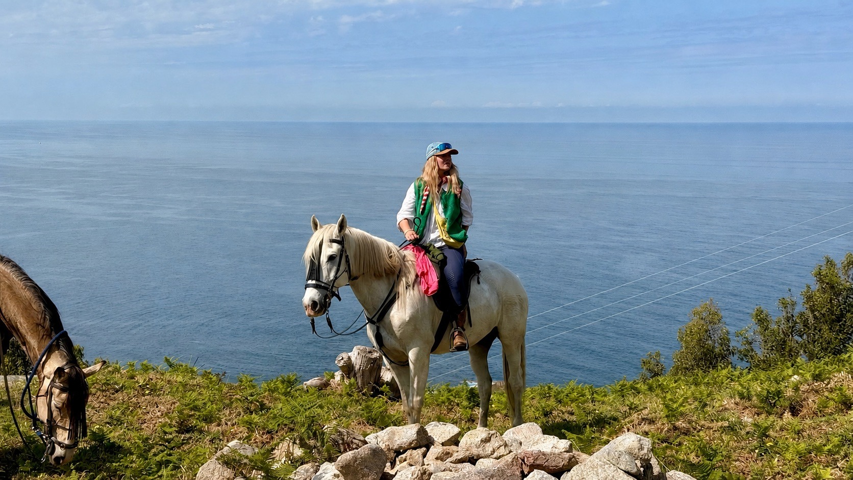Grey horse with rider posing on top of a mountain overlooking the ocean on a sunny day