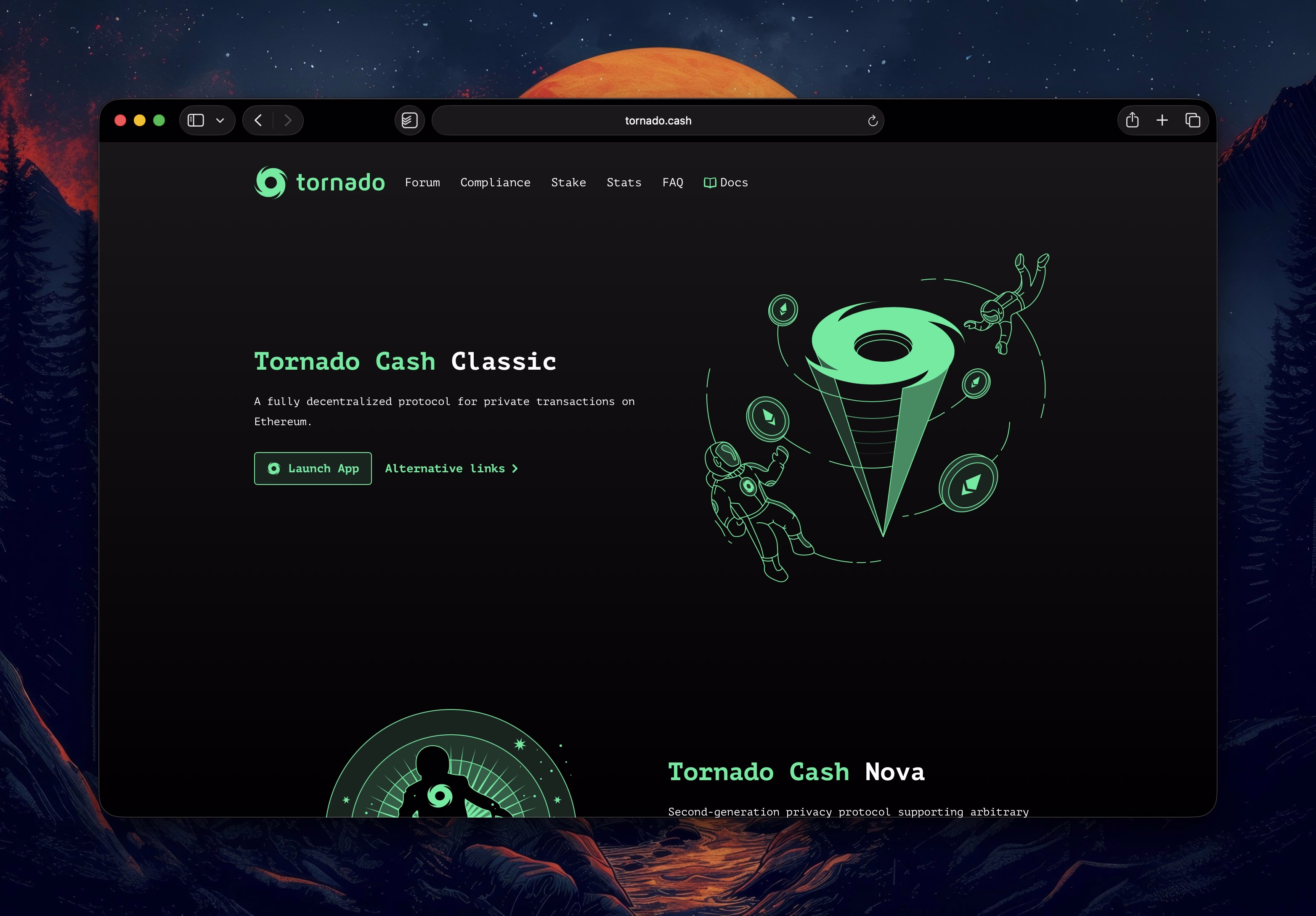 Screenshot of the current tornado.cash website showing the Tornado Cash Classic interface