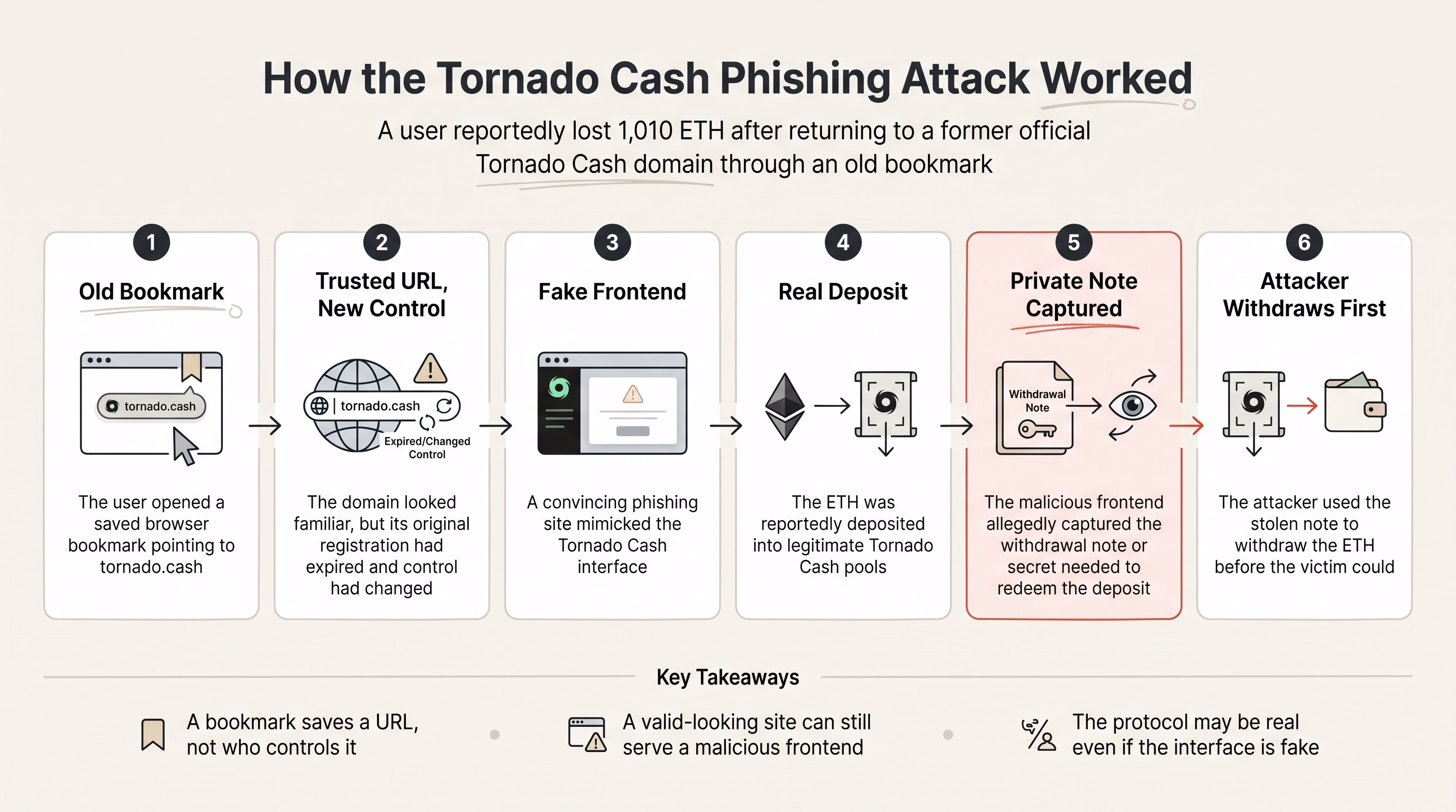 Diagram of the six-step Tornado Cash phishing attack from an old bookmark to the attacker withdrawing 1,010 ETH first