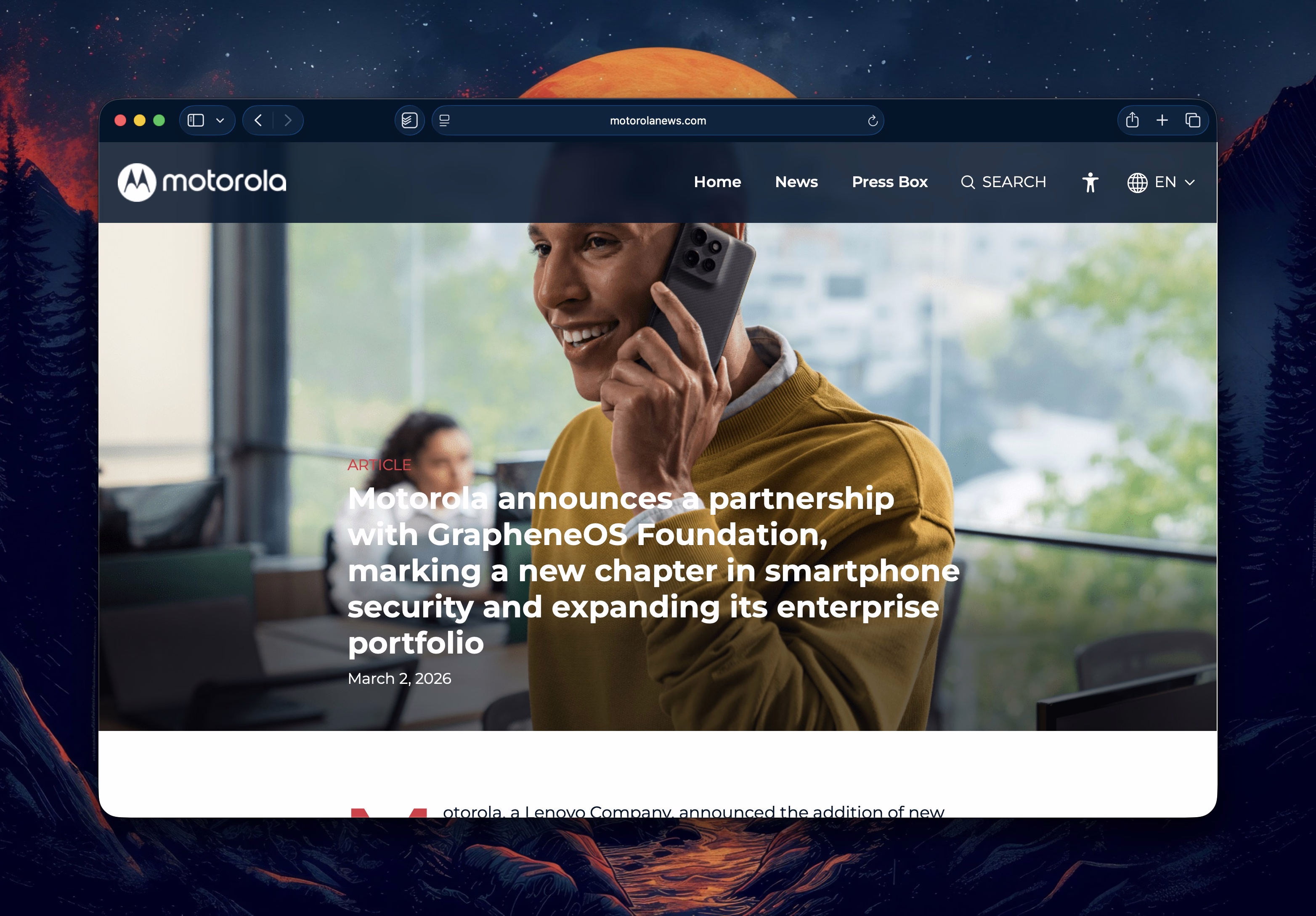 Motorola News article announcing Motorola's partnership with the GrapheneOS Foundation for future smartphone security