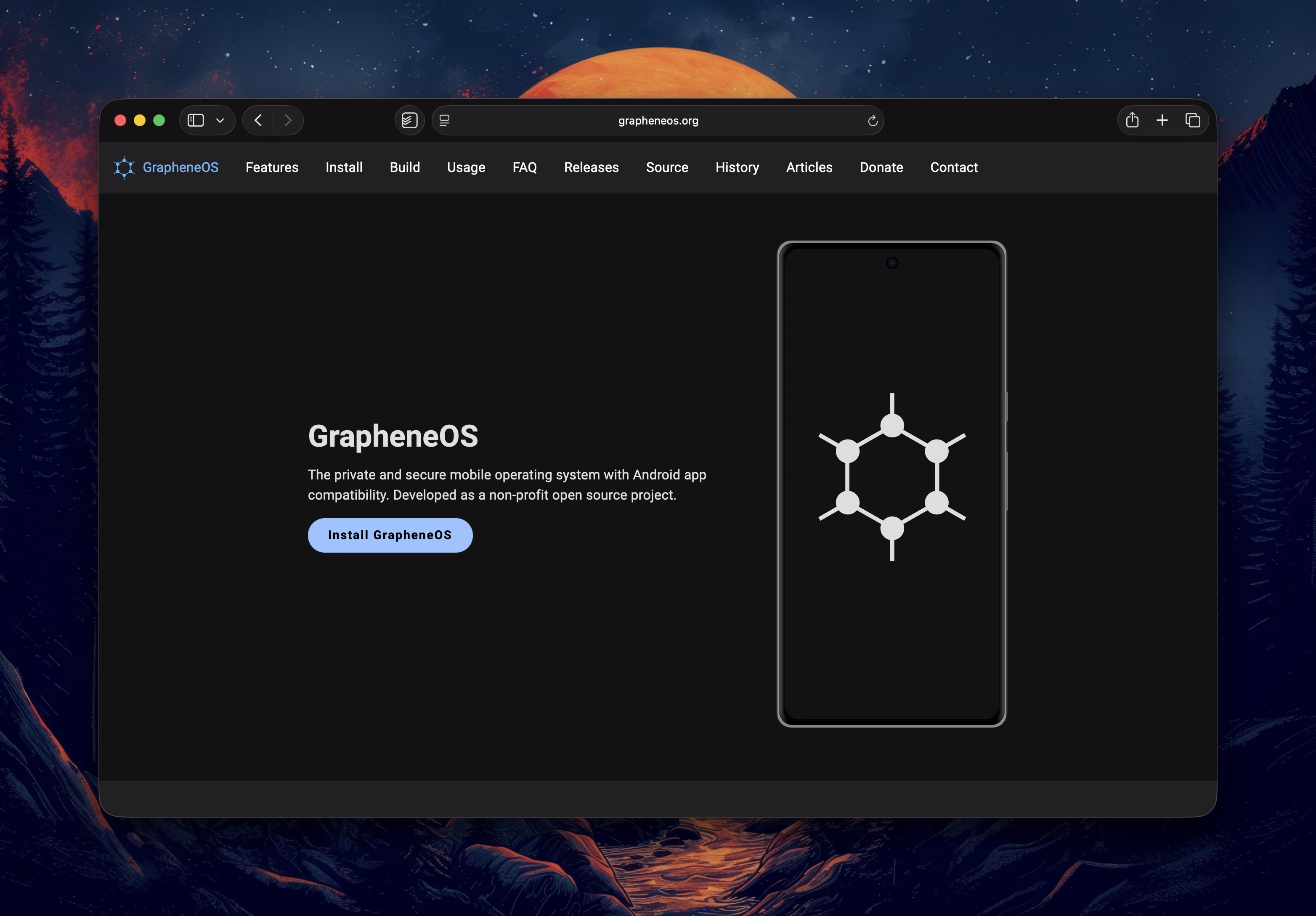 GrapheneOS official website homepage describing it as the private and secure mobile operating system with Android app compatibility