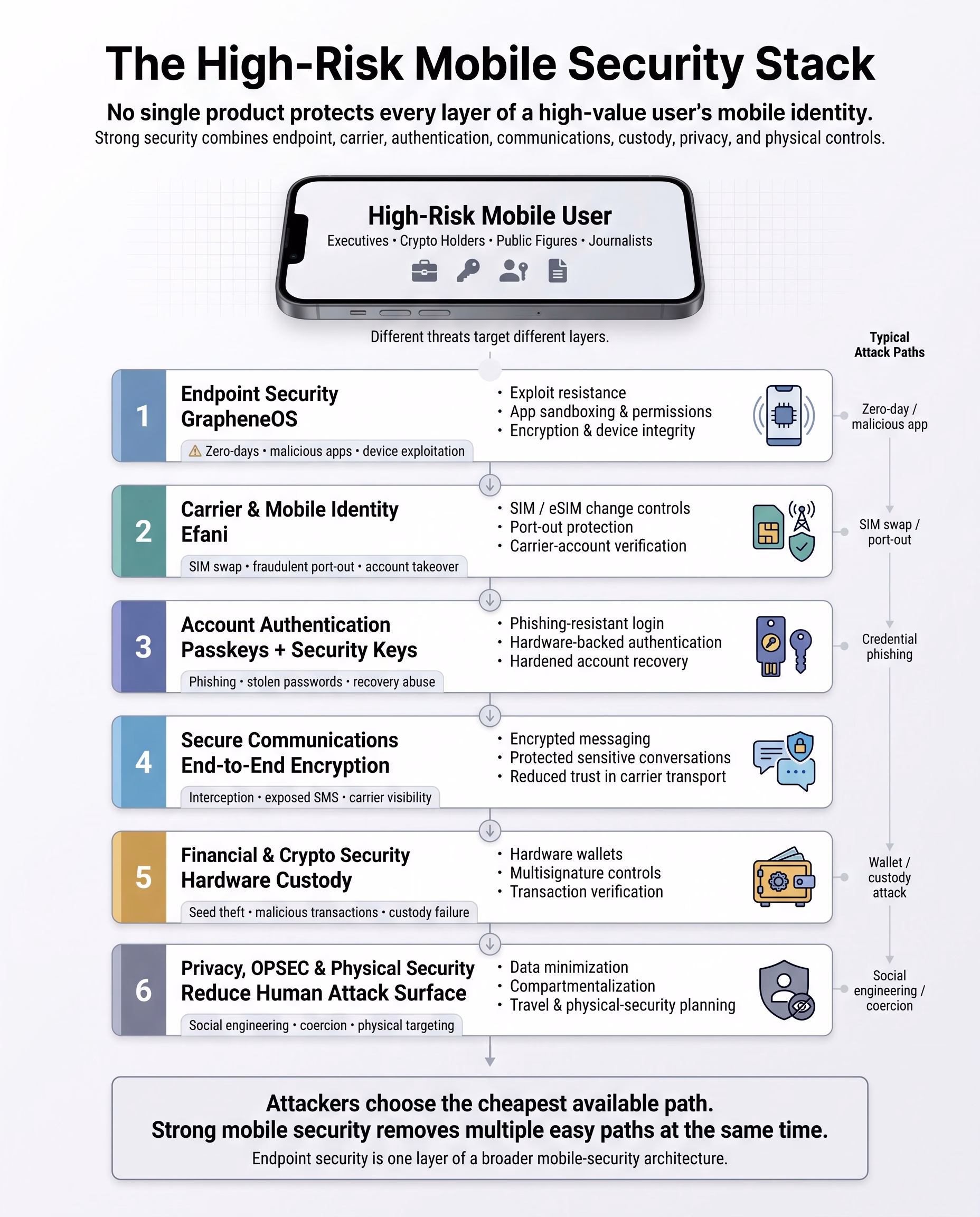 The high-risk mobile security stack showing six complementary layers: GrapheneOS endpoint security, Efani carrier and mobile identity protection, account authentication, secure communications, financial and crypto security, and privacy and physical security