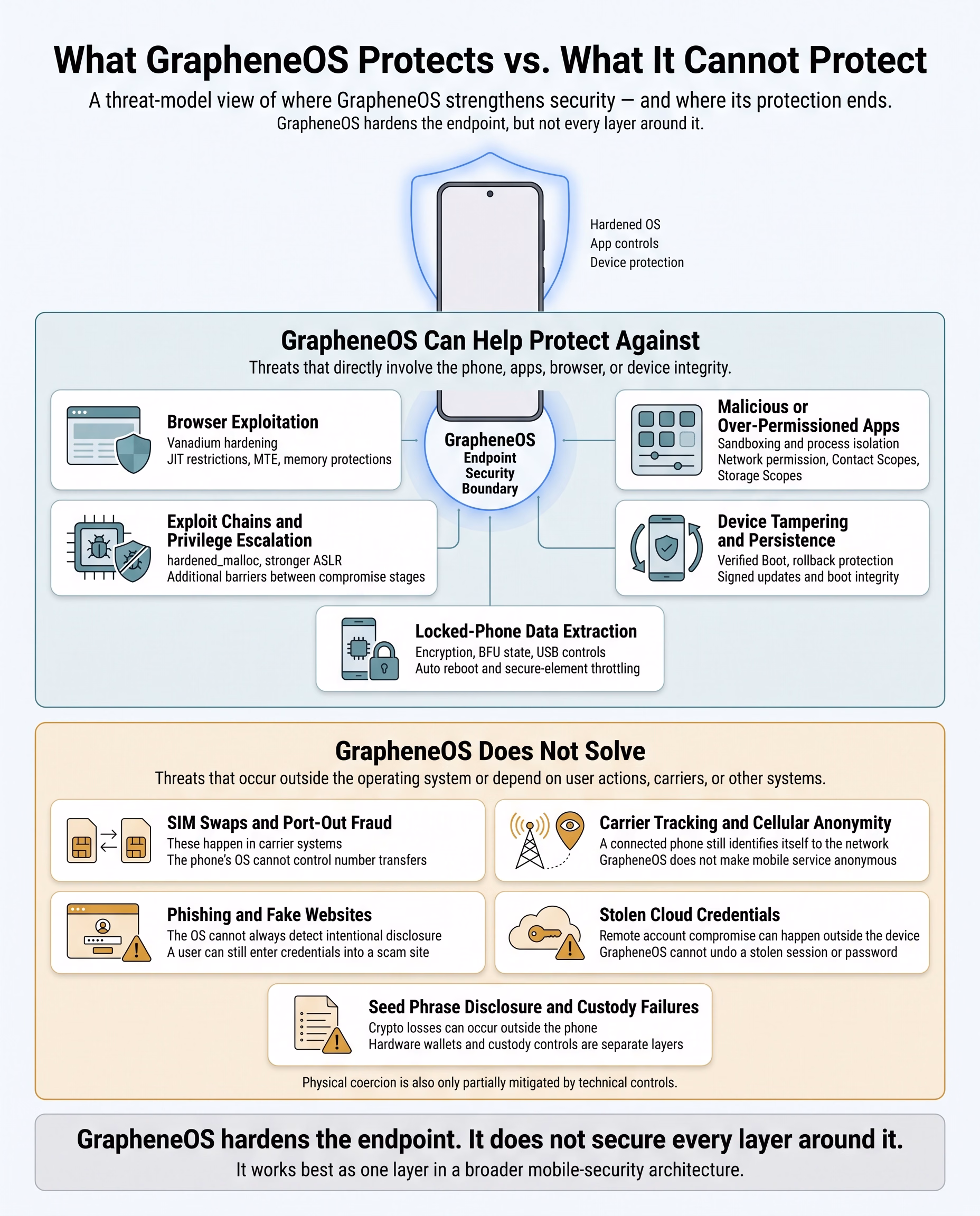 Comparison diagram of what GrapheneOS can help protect against, such as browser exploits and malicious apps, versus what it does not solve, such as SIM swaps and phishing