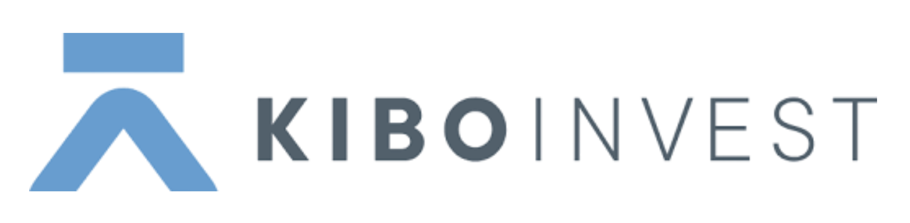 Kibo Invest logo with a blue abstract shape to the left and gray text spelling KIBO INVEST.