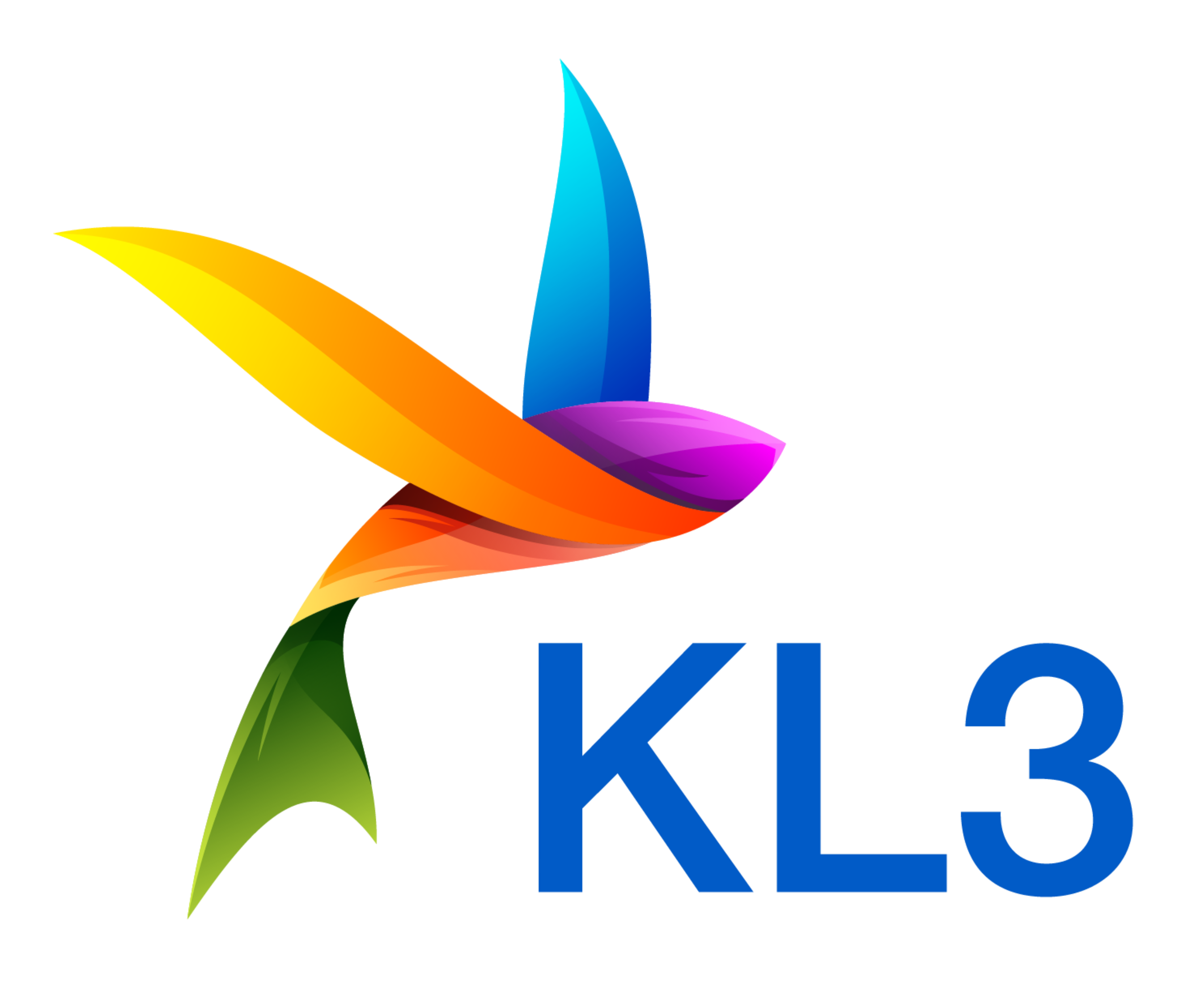 Colorful hummingbird logo with wings in gradient shades of yellow, orange, pink, blue, and green next to bold blue letters 'KL3'.