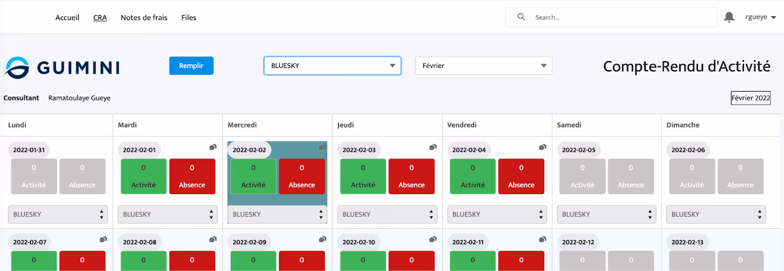 Capture d'écran du module de gestion interne Salesforce de Guimini (compte-rendu d'activité)