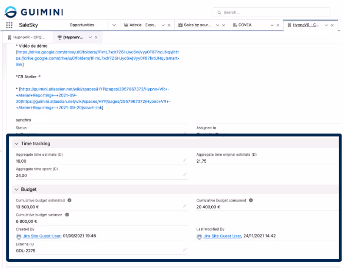 Capture d'écran du module de gestion interne Salesforce de Guimini (suivi du temps passé et du budget d'un projet)