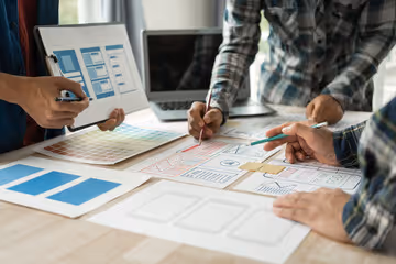 Une équipe de professionnels travaillant sur la conception d'interface utilisateur, avec des maquettes et des échantillons de couleurs étalés sur une table, pendant qu'ils discutent et pointent sur des éléments spécifiques de la maquette avec des stylos, dans un environnement de bureau collaboratif.