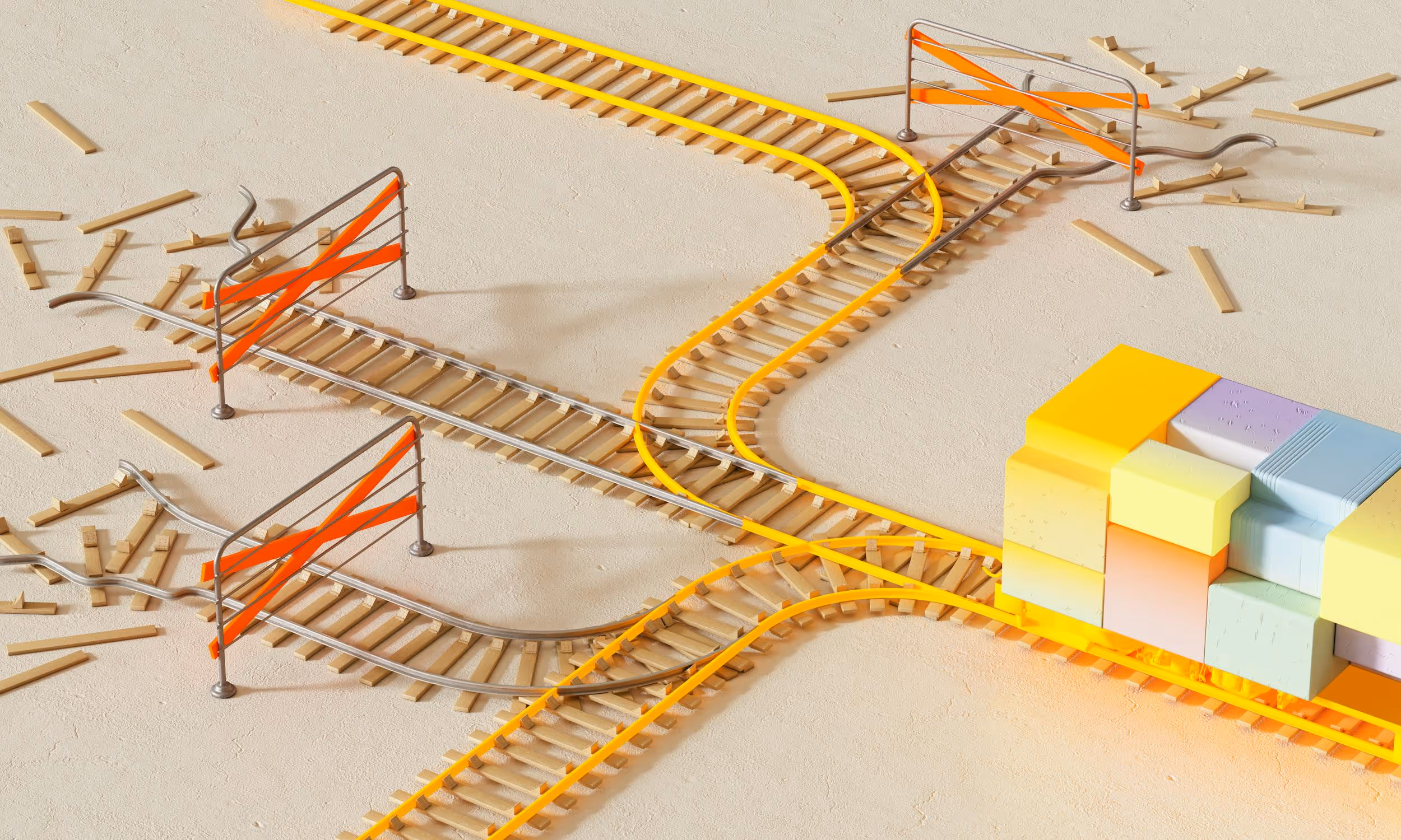 Illustration conceptuelle montrant un réseau de rails de train avec des voies en construction ou endommagées, symbolisant les défis d'alignement entre les départements de vente et de marketing. Un train de blocs colorés avance sur une voie nouvellement construite, représentant la voie claire et alignée rendue possible grâce à l'intégration de l'intelligence artificielle et du smarketing.