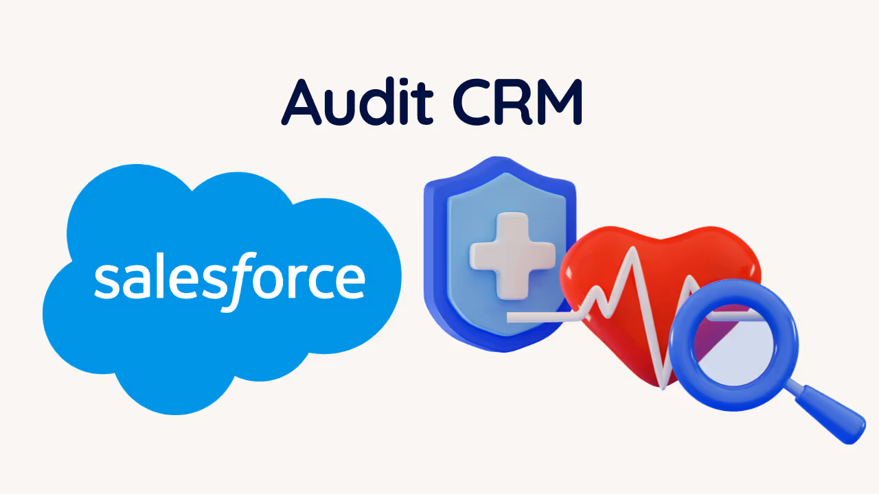 Illustration d'un audit CRM Salesforce montrant le logo Salesforce à côté d'icônes représentant la santé et l'analyse des données, soulignant l'importance d'un audit pour optimiser la gestion de la relation client et renforcer la sécurité des données.
