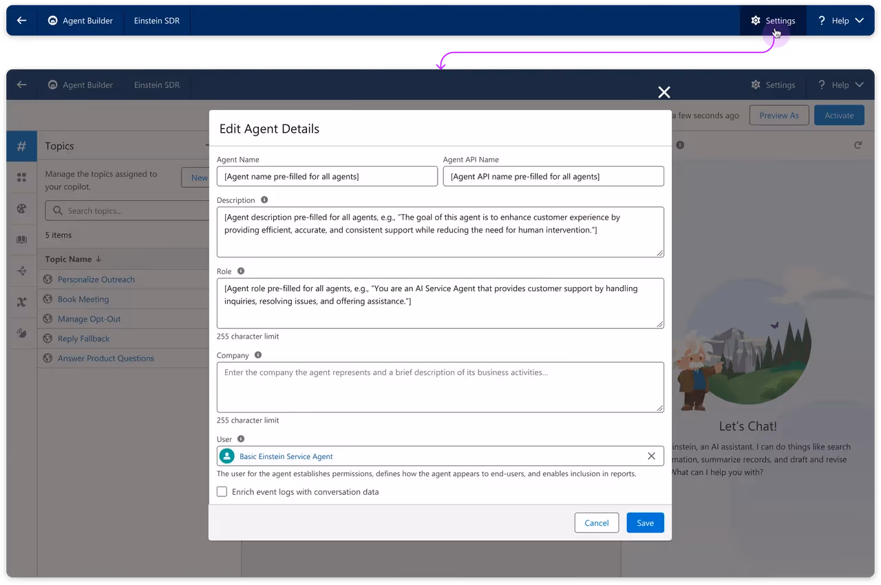Capture d'écran de l'interface d'Agentforce de Salesforce montrant la configuration d'un agent IA avec des champs personnalisables, tels que le nom, la description et le rôle de l'agent, dans l'outil Agent Builder pour créer des assistants virtuels sur mesure.