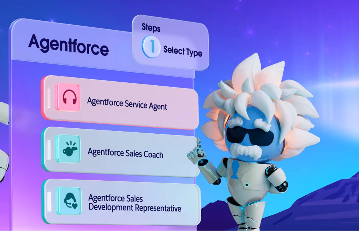Illustration d'Agentforce de Salesforce montrant trois agents IA : Service Agent, Sales Coach, et Sales Development Representative, représentés par un robot futuriste avec des traits rappelant Einstein, sur une interface numérique colorée