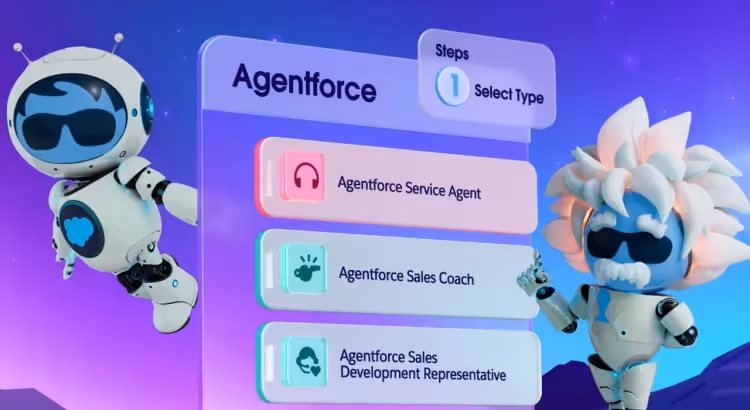 Illustration d'Agentforce de Salesforce montrant trois agents IA : Service Agent, Sales Coach, et Sales Development Representative, représentés par un robot futuriste avec des traits rappelant Einstein, sur une interface numérique colorée