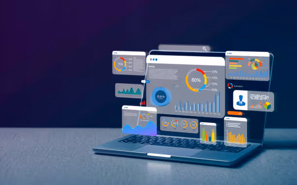 Illustration d'un tableau de bord CRM sur un ordinateur portable, affichant divers graphiques et statistiques de performance. Les visuels incluent des graphiques circulaires, à barres et linéaires, représentant des données clés et des KPI de gestion de la relation client (CRM). Cette image symbolise l'analyse de données et le suivi des performances dans un logiciel de CRM