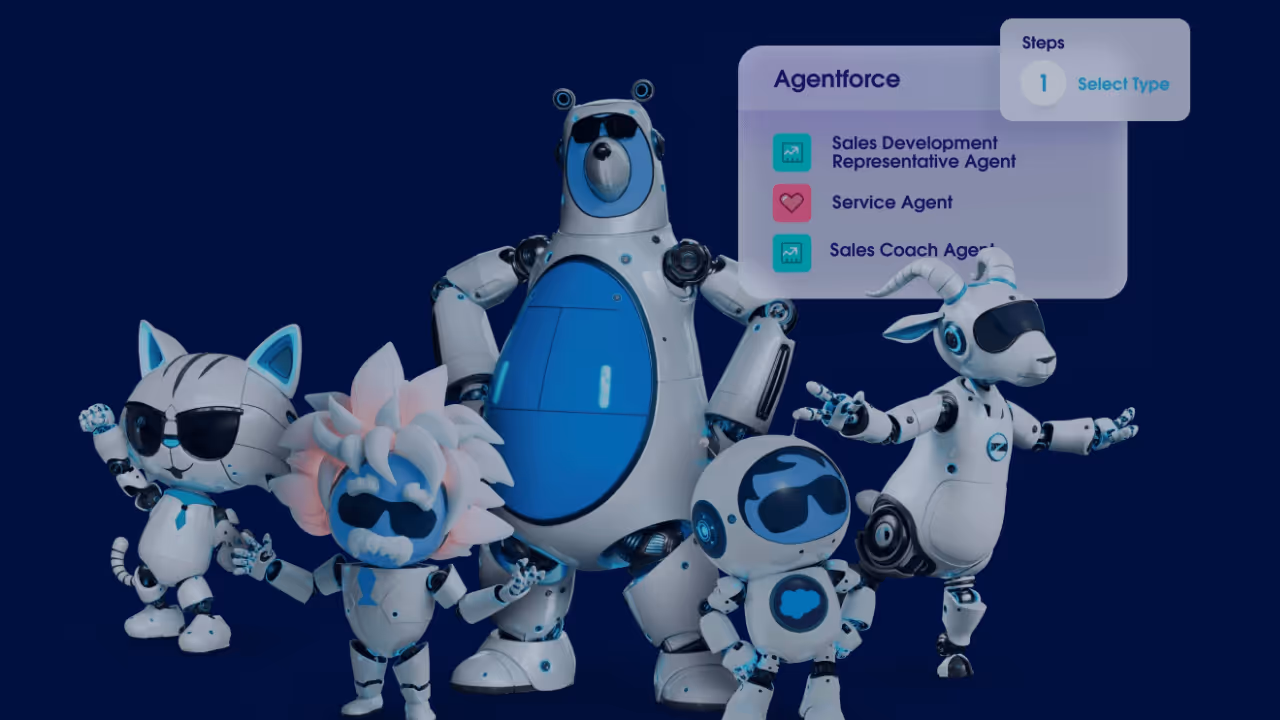 Illustration mettant en avant des personnages robotiques stylisés représentant différentes fonctions d'Agentforce de Salesforce, sur un fond bleu. Chaque personnage incarne un rôle unique (comme Service Agent ou Sales Coach Agent), reflétant les capacités d'Agentforce à personnaliser les interactions avec l'IA. À droite, une interface visuelle affiche les étapes d’utilisation avec "Step 1: Select Type", soulignant l'accessibilité et la simplicité de la configuration.